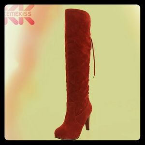 Red Faux Suede Lace Up Back Over the Knee Boots